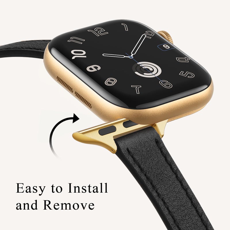 STIROLL Slim Leather Bands Compatible with Apple Watch Band 38mm 40mm 41mm 42mm(Series 11 10), Top Grain Leather Watch Thin Wristband for iWatch SE 9 8 7 6 5 4 3 2 1 (Black Gold) - Image 3